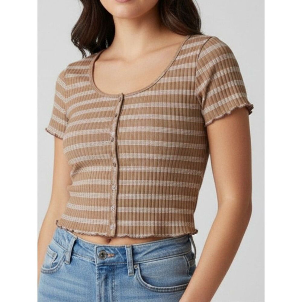 American Eagle Outfitters Brown and Cream Striped Ribbed Button-Front Crop Top